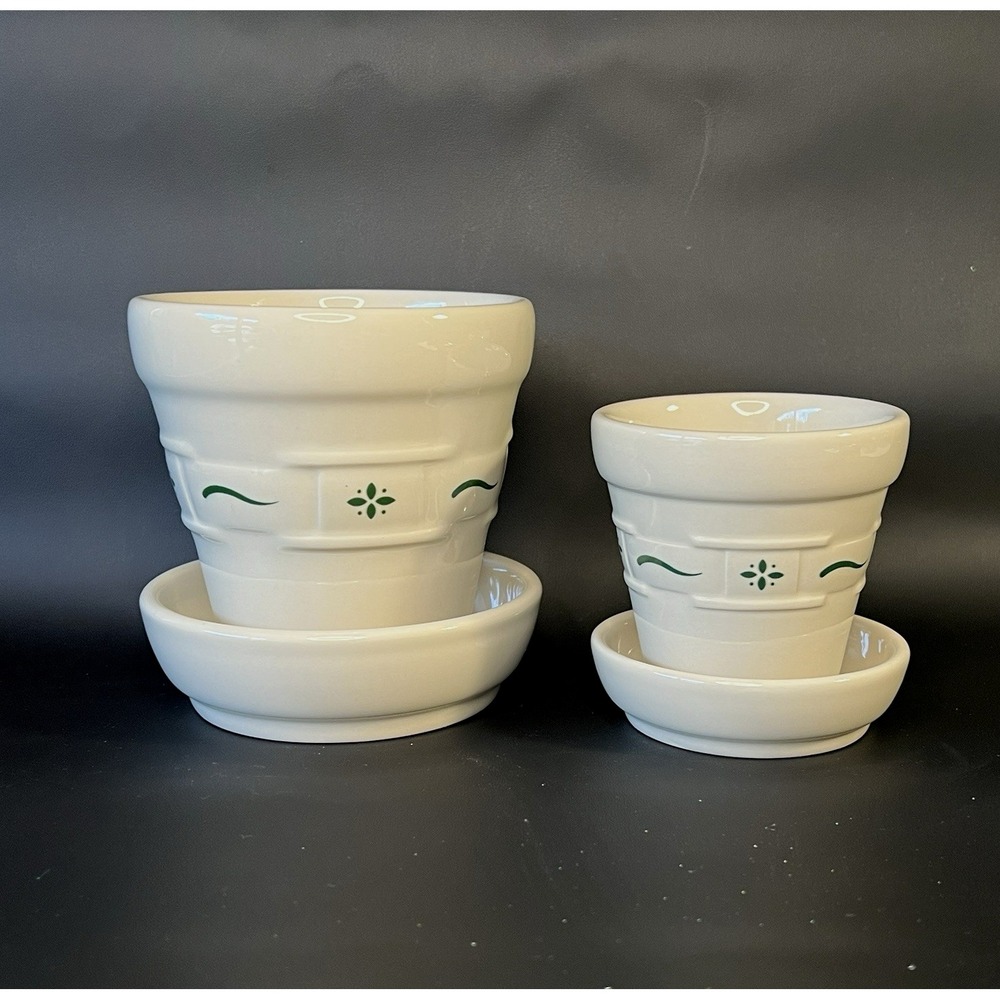 Longaberger Pottery 4" & 2" Heritage Flower Pot & Under Plate USA ~ Set Of 2